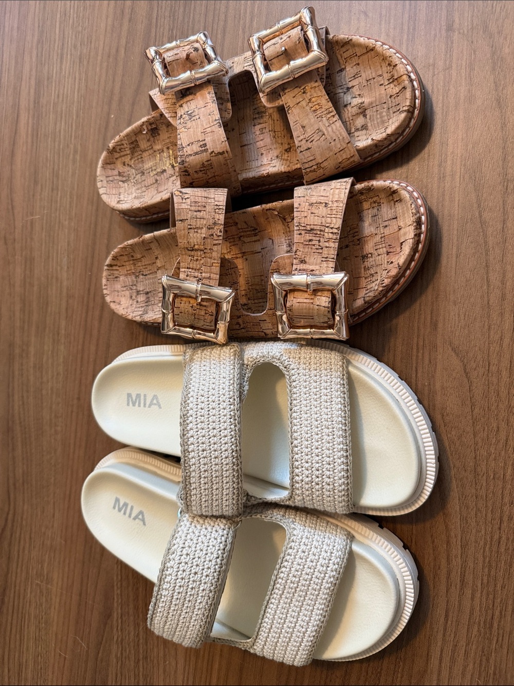 MIA Cream Woven Double-Strap Slide Sandals / talulah buckle cork sandals